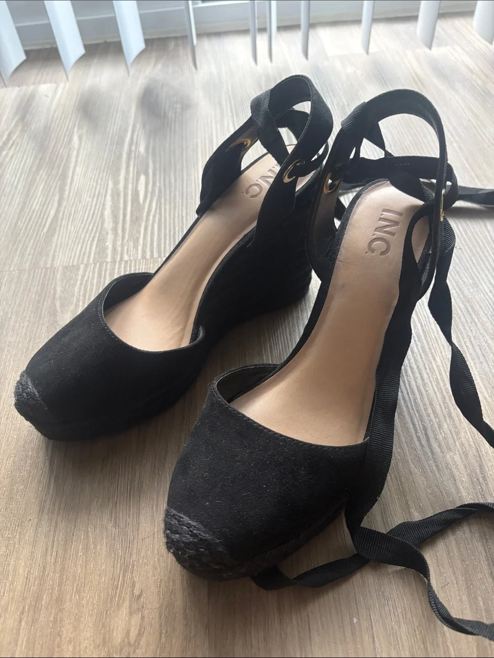 INC International Concepts Black Suede Ankle-Tie Espadrille Wedges